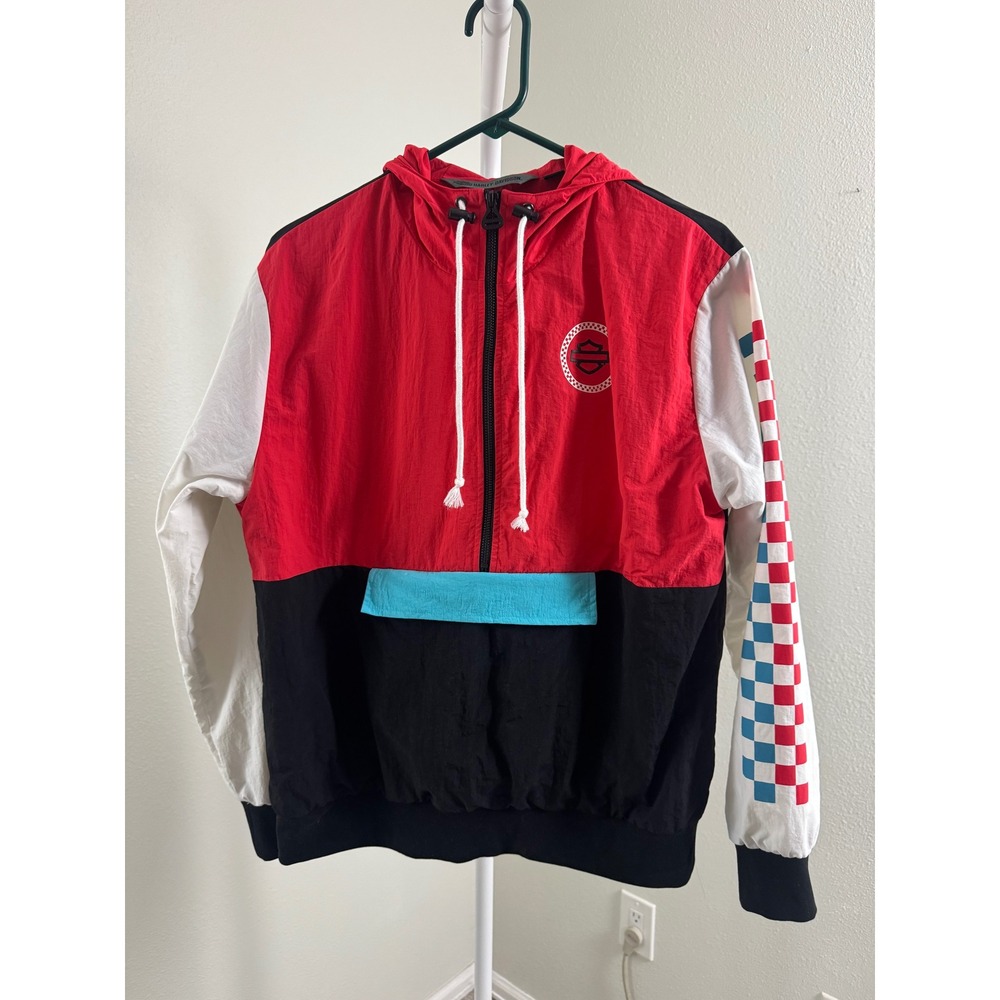 Harley-Davidson Mens Colorblock Anorak Windbreaker Jacket Red Black White Size M - Picture 2 of 12